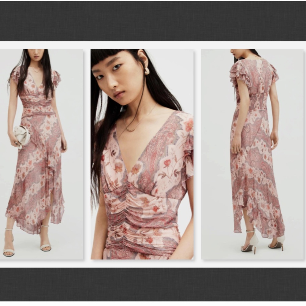 NEW $499 Allsaints Brea Floral Print Cascade Maxi Dress Size 6 US
